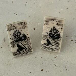 Vintage Nantucket Scrimshaw Ship & Whale Ivory Earrings - Cream and Black